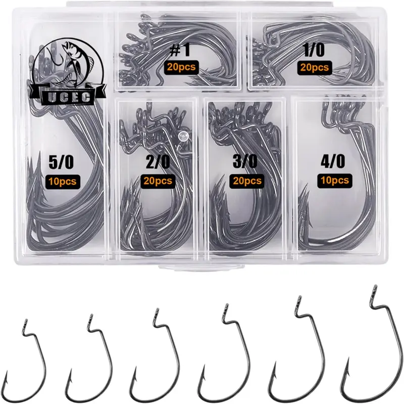 UCEC EWG Offset Worm Hooks - 2X-Strong High-Carbon Steel Wide Gap Bass Fishing Equipment, Forged Shank Rigidity, Black Chrome Finish, Deep Penetration, Durability for Senko Bait Texas Rig (Sizes: #4,#2,#1,1/0,2/0,3/0,4/0,5/0)