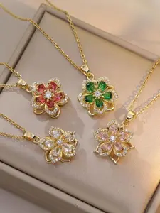 Rotatable Flower Design Pendant Necklace for Women, Summer Rhinestone Decor Necklace for Party, Daily Clothing Decor, Trendy & Exquisite Jewelry for Holiday Parties, Fall Outfits, Fall Freshness, 90s Minimalism, Pink Charm Jewellery