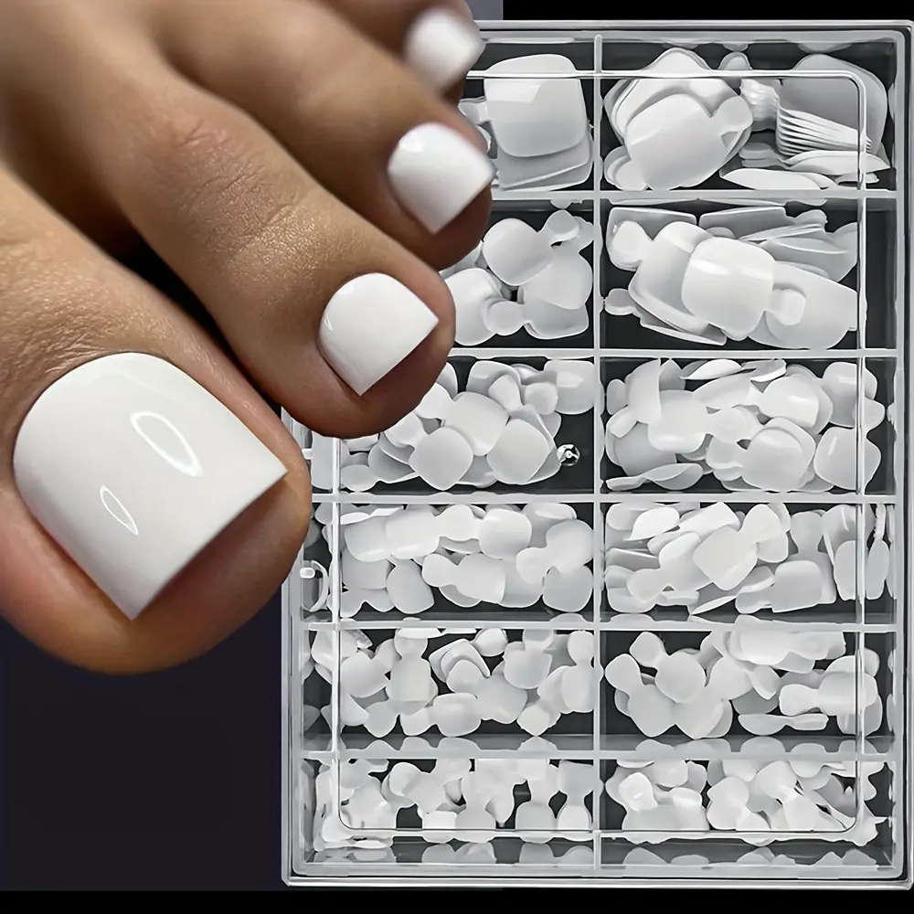 Short Square White Toe Press-On Fake Toenails, 1 Box (120 Pcs Full Cover) Toenail Extensions, Cute Glossy Option for Gifting