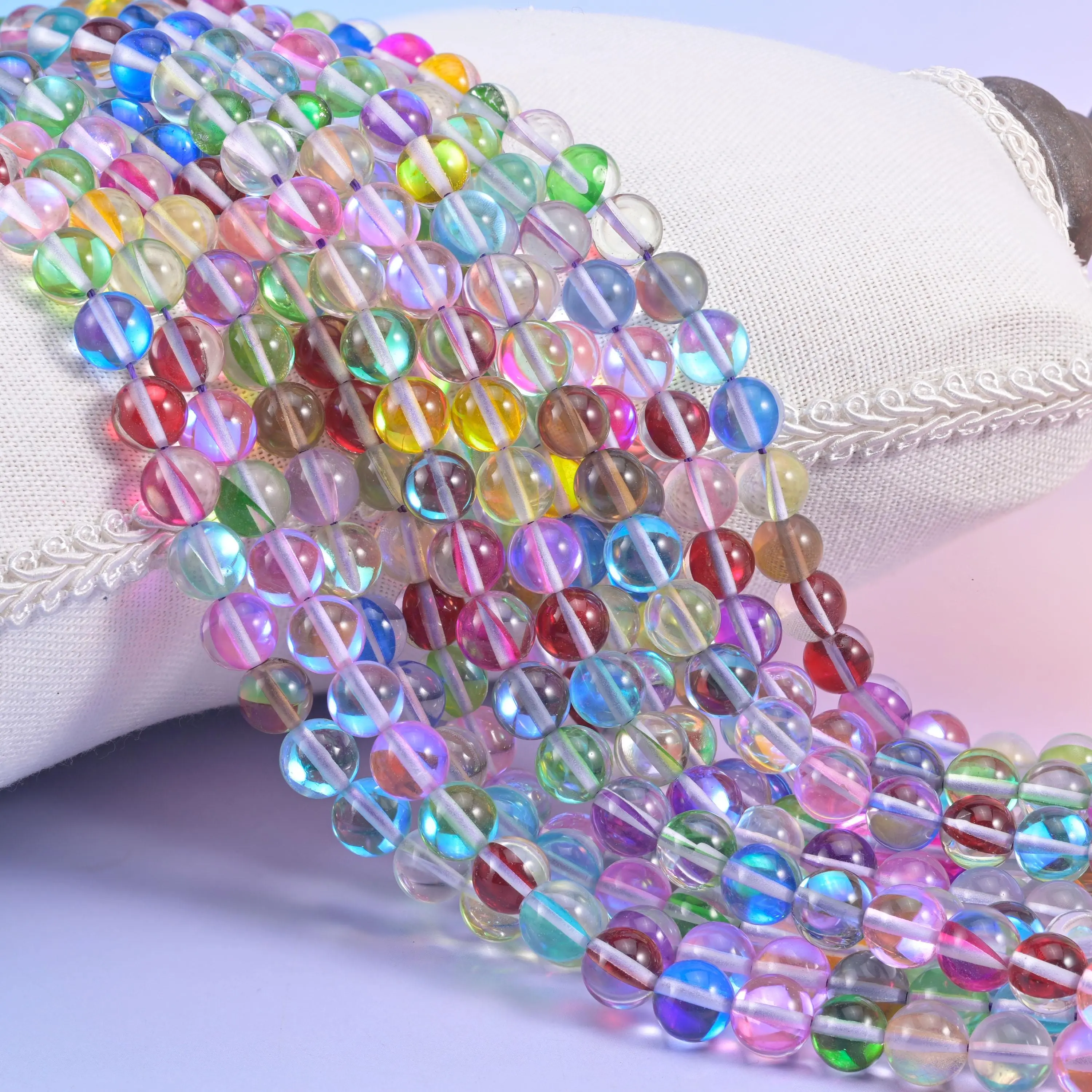10mm Rainbow Aura Round Glass Beads, Iridescent Decorative Bead Assortments, 15 in Strand for DIY Jewelry Making Supplies