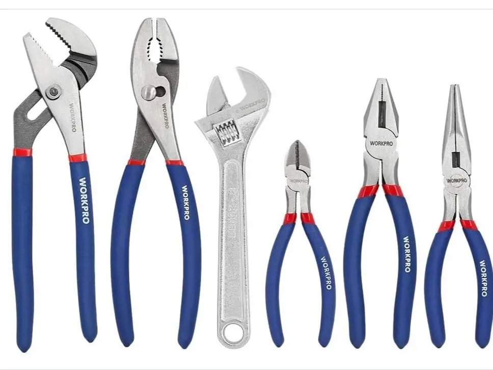 WORKPRO 6-Piece Pliers & Wrench Set – Adjustable Wrench, Water Pump, Slip Joint, Long Nose, Linesman & Diagonal Pliers for DIY & Home Repair