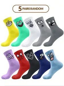5 Pairs Random Couple Socks, Multi-Color Fun Expression Patterns, Ribbed Cuff Mid-Calf Socks, Casual Daily Wear, Casual Comfy Socks