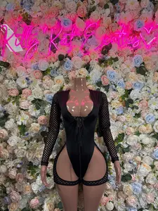 Bottlegirl Outfit Black Bodysuit - One Piece Bartender Outfit, EDM Dancewear, Party Clubwear