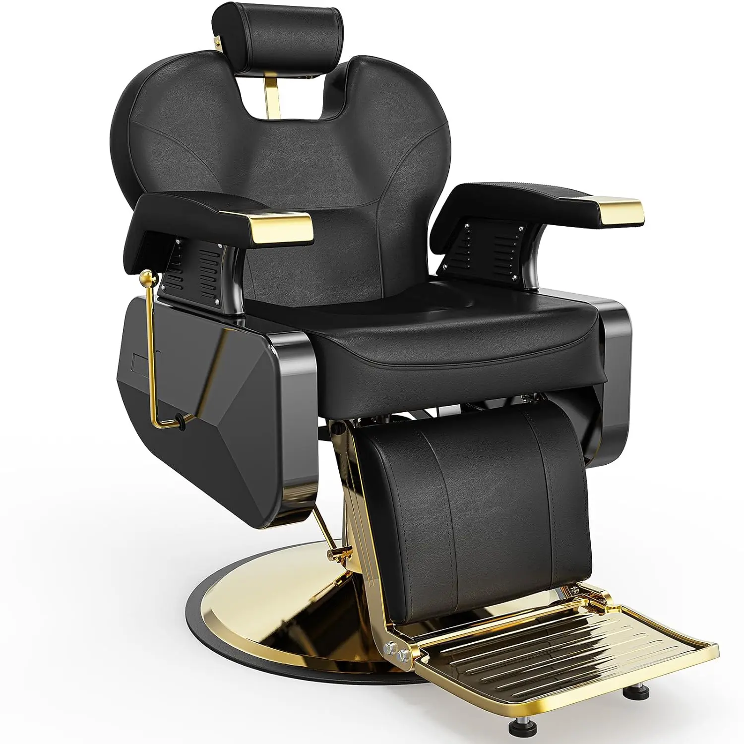 OmySalon Sturdy Hydraulic Barber Chair - Swivel 360-Degree, Reclining, Height-Adjustable Chair with Hydraulic Pump, Round Base, PU Leather, Footrest, Heavy-Duty Commercial Salon Furniture for Hairdressers (Gold & Black)