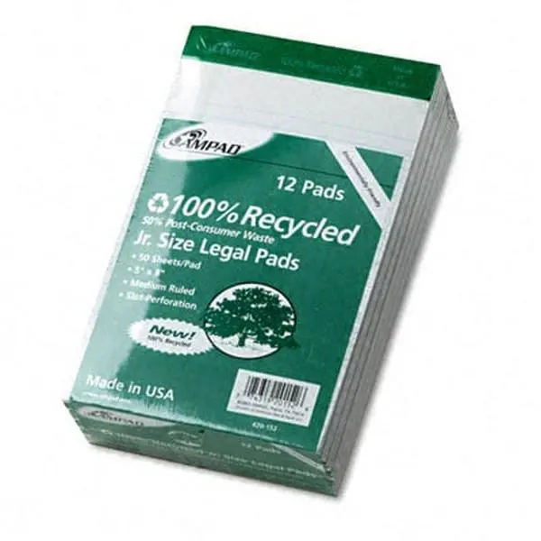 Ampad Heavy-Duty Stapled Top Notepads, 50% Post-Consumer Recycled Chipboard, 5x8 in Unperforated Sheets, Jr. Legal Ruled, 50-Sheet, 12-Pack, Unpunched, Non-Customized Office Stationery & Writing Supplies, 5 X 8, Post-Consumer Recycled Content 50%