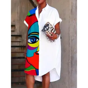 Women’s cartoon-print shirt dress with a curved hem, summer casual batwing sleeves, knee-length; vacation women’s clothing GARMENTARY