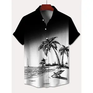 [Tropical Beach Scene Hawaiian Shirt] Plus Size Men's Lightweight Polyester Hawaiian Shirt - Tropical Beach Scene Print, Easy-Care, Button-Up Collar for Summer Vacation