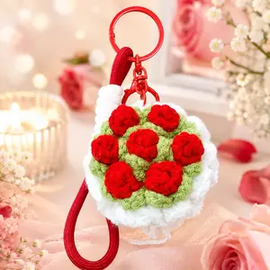 Cute Plush Rose Bouquet Keychain, Soft Red Flower Bag Charm with Wrist Strap, Kawaii Crochet-Style Key Ring for Backpack Purse Car Keys, Lightweight Floral Accessory Gift for Girls Women