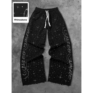 Men’s summer drawstring-waist sports pants with a unique rhinestone letter design—fashionable straight running pants for casual outdoor wear.