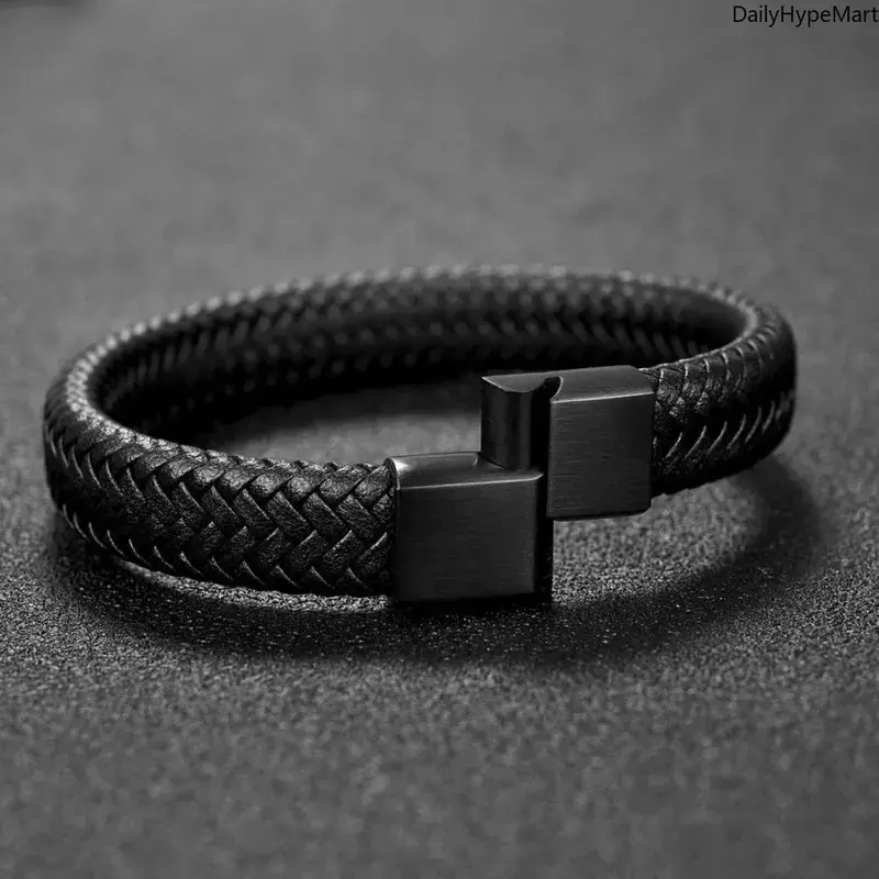Men's Genuine Leather Braided Bracelet - Black 2-Strand Woven Wristband with Metal Clasp, Minimalist Fashionable Jewelry for Father’s Day, Birthday, Accessory Goals, Arm Candy Accessories, Minimalist Cuff Bracelet
