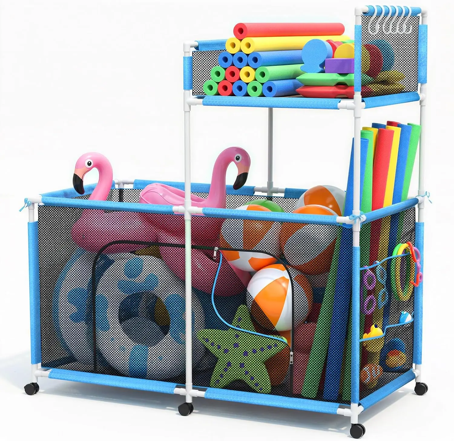 Housolution Pool Float Storage, 283 Gallon Large Double Layer Outdoor Pool Toy Storage Bin with Tear & Sunlight Resistant Nylon Mesh, Rolling Cart for Pool Noodles, Toys, Floats, Balls,Equipment, Blue,dorm essentials,home decor