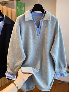 Women's Fall New Colorblock Striped Dual Layer V-Neck Fake Two-Piece Long Sleeve Loose Casual Simple Fashion Pullover Sweatshirt, Womenswear, Everyday Tops