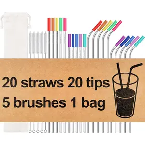 20 Pack  Stainless Steel Metal Straws,10.5" & 8.5"  Drinking Straws with 20  Tips 5 Straw Brushes 1 Travel Case, Extra Long Metal Straw Fit for 20 24 30 oz Tumbler
