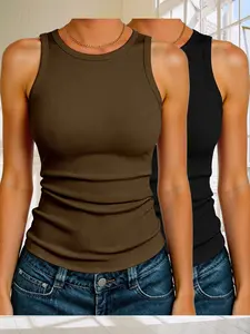 Women's Ribbed Knit Vest Set, Fitted Plain Pattern, Contemporary Style, Basic Outerwear Shirt, 2 Pieces, No Ca Prop 65