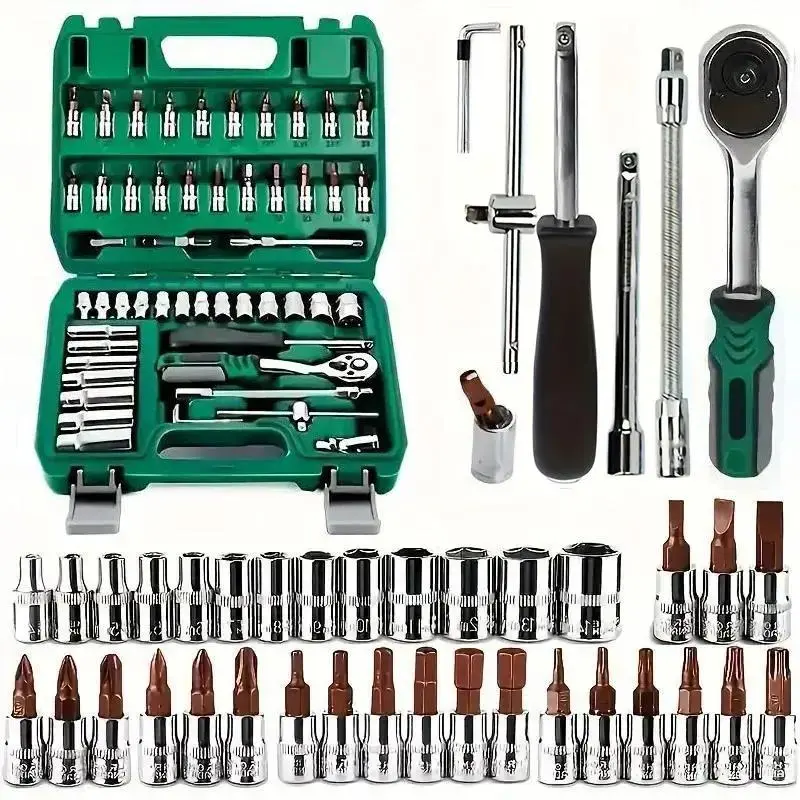 1/4-Inch Drive Multifunctional Wrench Set (46pcs) - 46pcs for Repairs with Metric Bit Sockets, Extension Bar, Storage Case, Ready for Cars, Bikes, and Home Fixes, Mechanic Hand Tools, Socket Wrench Kit