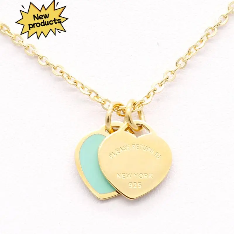 Soulmate Gift New luxury Enamel Pink Double Heart Necklace, 18k Gold Titanium Steel, Versatile New Style Pendant Necklace Jewelry Gift