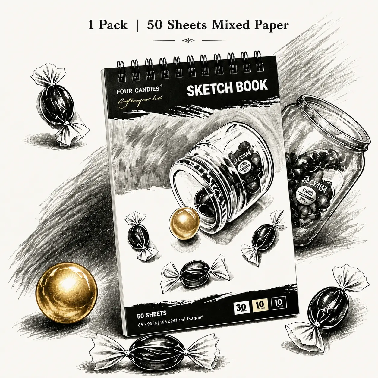 【Art Gift】 Four Candies 50 Sheets Triple-Tone Sketchbook (6.5"x9.5", White/Kraft/Black Mixed Pages), 130gsm Thick Multimedia Paper Top-Bound Art Drawing Pad