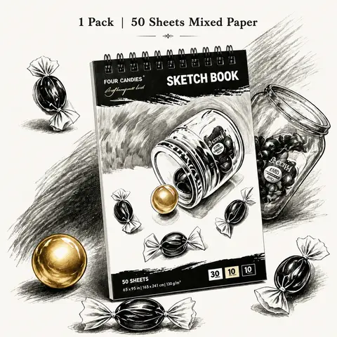 【Art Gift】130gsm Bleed Resist Triple-Tone Sketchbook, 6.5"x9.5" Top-Bound Art Drawing Pad with 50 Sheets 3-Tone Shading Mix Tripletone Contrast White/Kraft/Black Mixed Pages Thick Multimedia Paper, 130G Bleed Resist