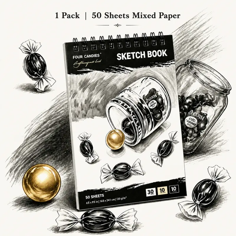 【Art Gift】130gsm Bleed Resist Triple-Tone Sketchbook, 6.5"x9.5" Top-Bound Art Drawing Pad with 50 Sheets 3-Tone Shading Mix Tripletone Contrast White/Kraft/Black Mixed Pages Thick Multimedia Paper, 130G Bleed Resist