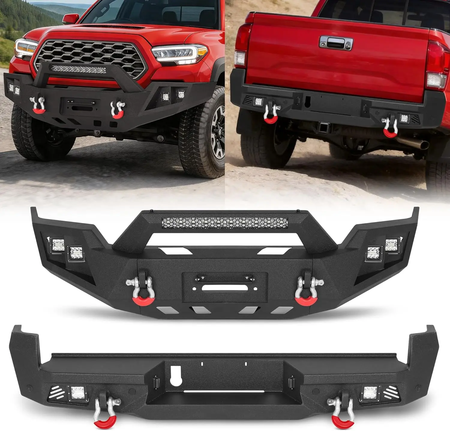 MONOKING  Front and Rear Bumper Set for 2016-2023 Tacoma 3rd Gen, Steel Off-Road Bumpers with Winch Plate, LED Light Bar and D-Rings