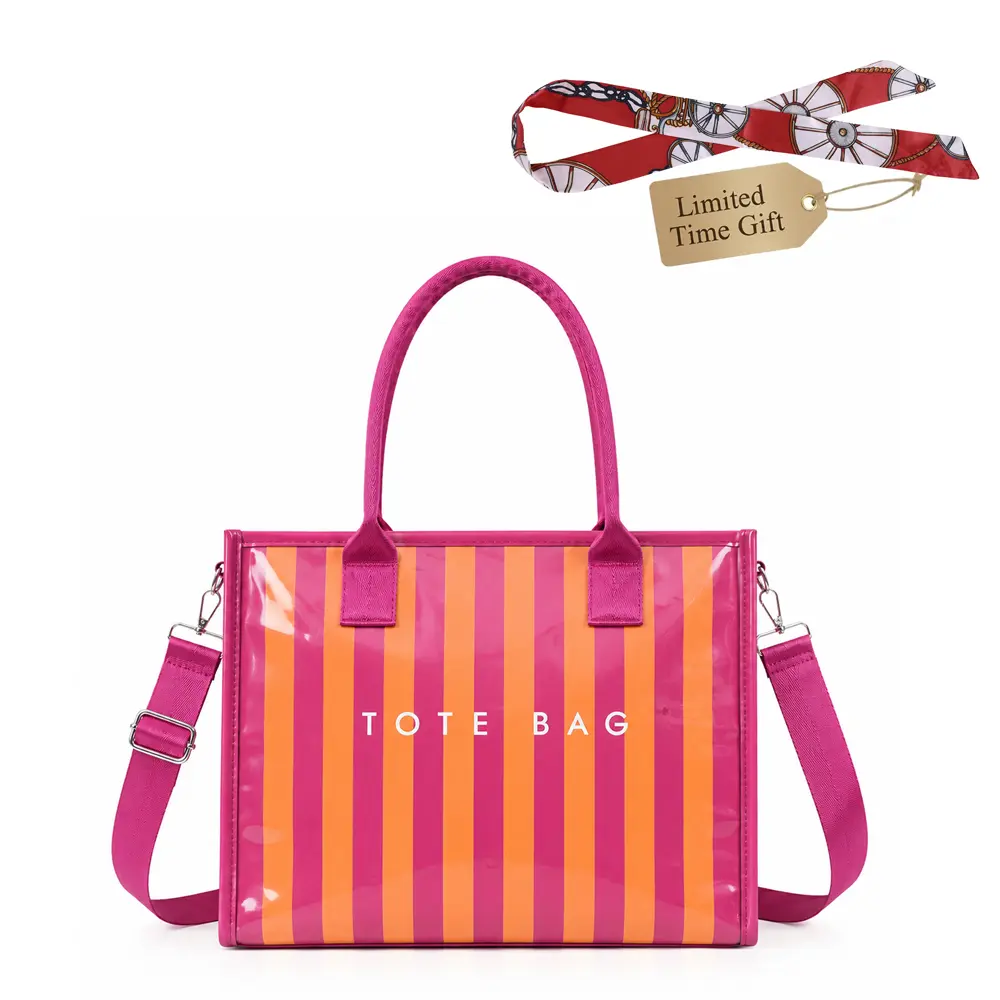 Women's Bold Lettering Vertical Stripe Glossy PVC Shoulder Tote Bag - Waterproof, Large Capacity, Zip Closure Crossbody Bag for Daily Outings, Holiday Look