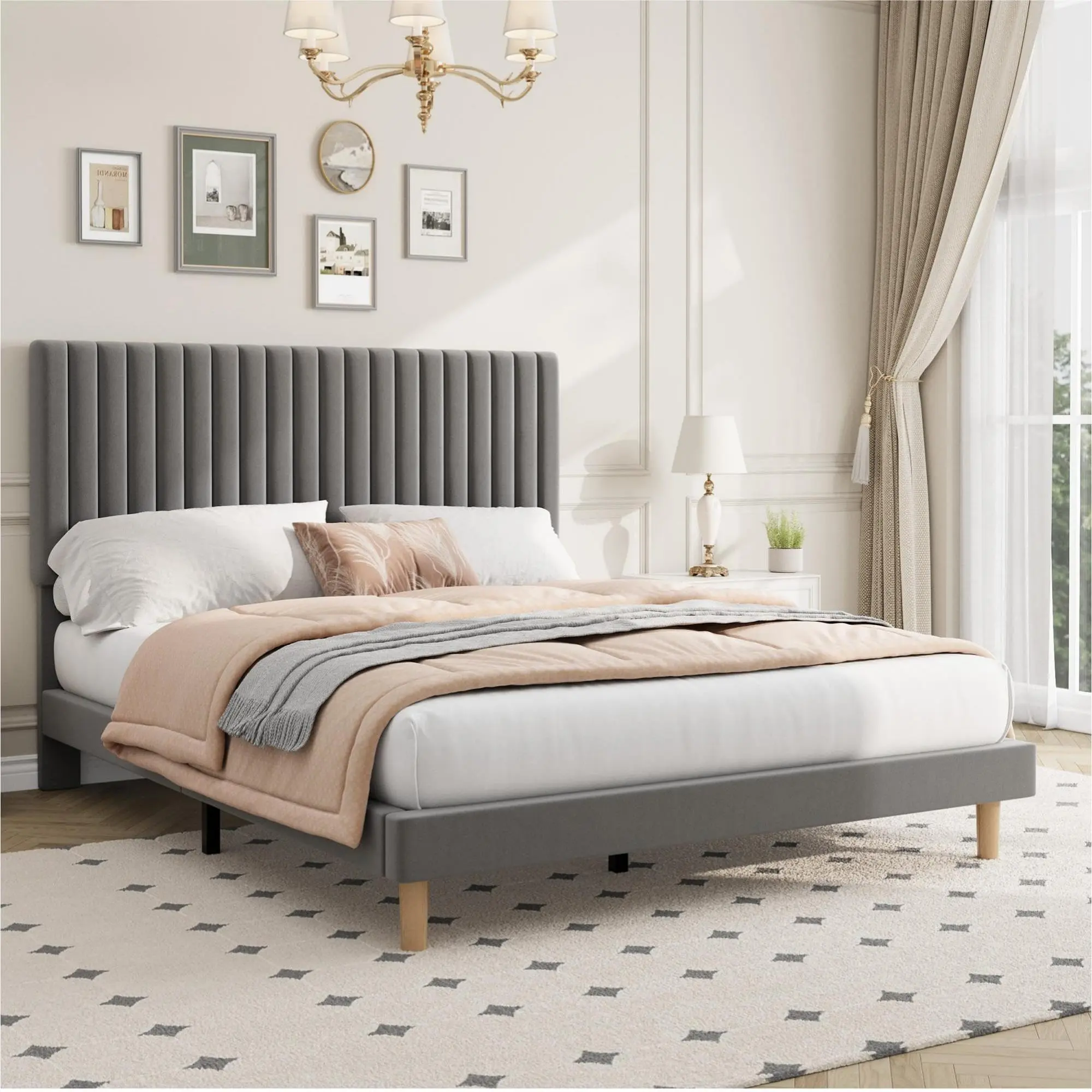 Garvee Queen Size Bed Frame, Adjustable Height Headboard, Velvet Upholstered Platform Bed Frame, No Box Spring Needed, Easy Assembly, Grey