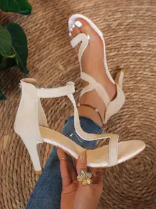 Women's Summer New Retro Wave Pattern Design Thin Heel Sandals, Hollow Out Back Zipper High Heel, Fashionable and Elegant for Daily Wear, Parties, and Commuting, Casual Fashion Sandals, Footwear, Shoe