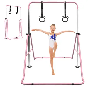 【Dlandhome】 Gymnastics Bar for Kids with Rings, Adjustable Height Folding Horizontal Bars, Junior G