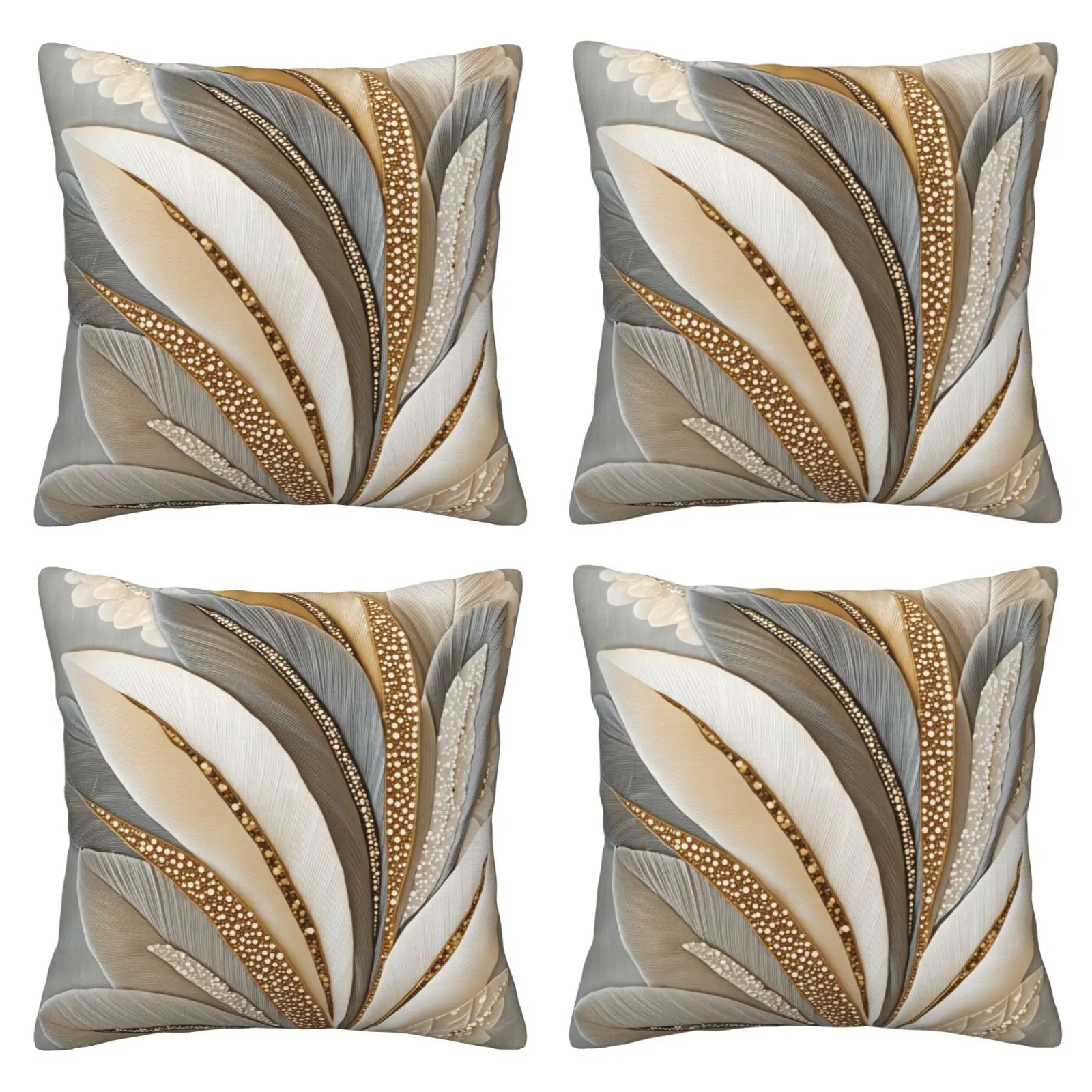Elegant feather print pillow cover, soft polyester fiber zipper sealing set, home decoration bedroom decorative accessories sofa pillowcase, stylish and durable design, 4-piece set with double-sided printing, Room Cozy Accessories