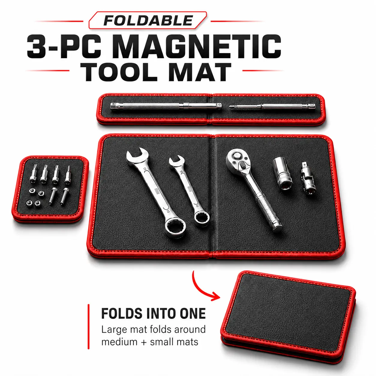 3-Piece Foldable Magnetic Tool Mat Set, Strong Magnetic Tool Organizer for Auto Repair, Garage & Workshop, Flexible Scratch-Resistant PVC Mats for Wrenches, Sockets, Screws & Small Parts
