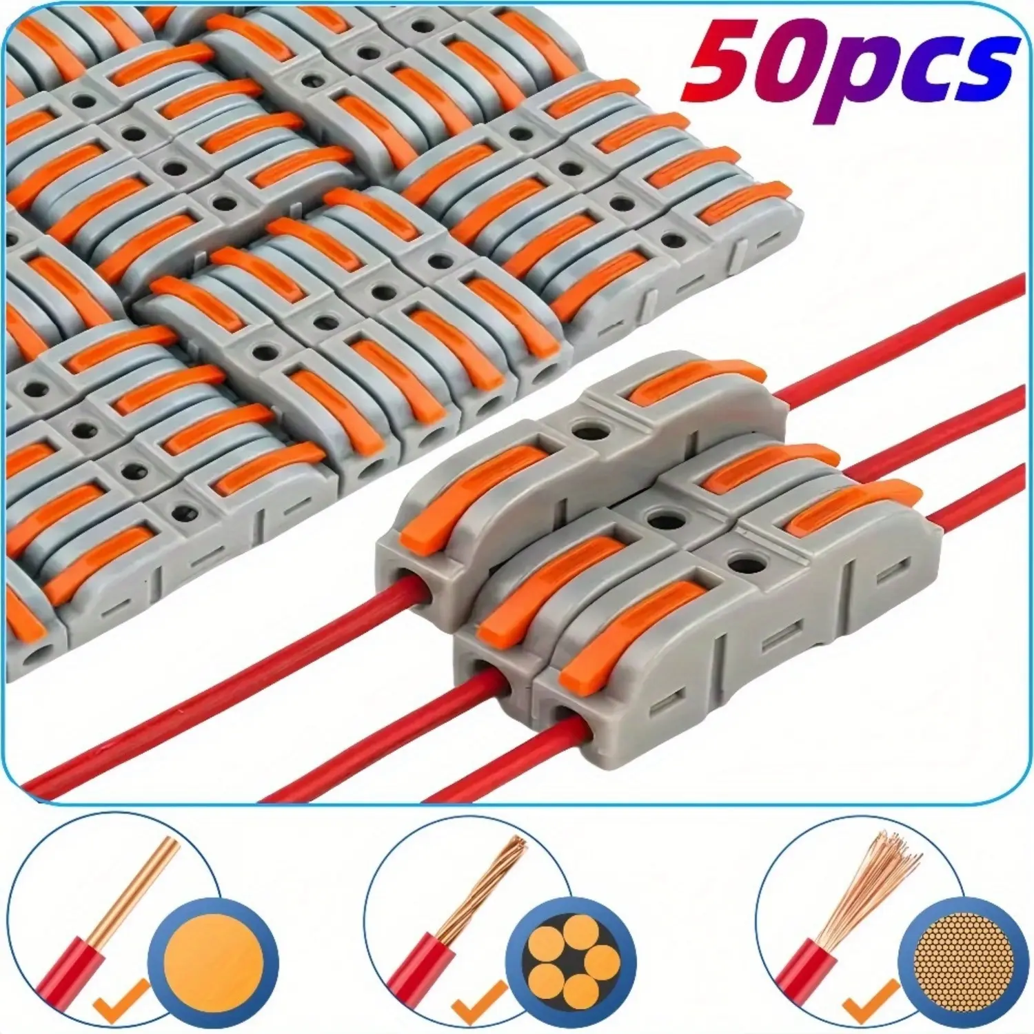 50 Pcs Wire Connector - 1 Conductor Compact Splicing Connector for 0.2-4mm²/AWG24-12 Braided & Solid Wire, Aging Resistance, Cleaner & Space-Efficient Connections, DIY Home Hand Tools for Household Use
