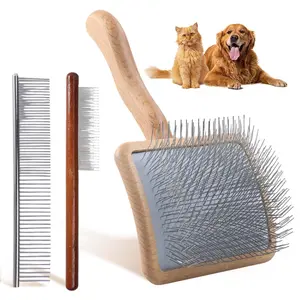 Large Dog Slicker Brush for Shedding & Curly Coat Long Hair Dogs & Cats Doodles Poodles Goldendoodles with Wooden Handle 3 Pcs Comb Set for Mats Tangles Wood Gift yard decor