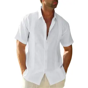 Mens Short Sleeve Cuban Camp Guayabera Shirt Linen Cotton Hippie Beach Button Down Shirts