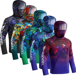 【RODEEL】915 Sun Hoodie Shirts w/ Mask Neck Gaiter Men UPF 50+ UV Protection Long Sleeve Lightweight Quick Dry Moisture Wicking Breathable Cooling Athletic Activewear for Outdoor Sport Fishing Boating Hiking Roofing Framing Construction summervibes