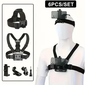 6 Pcs Phone Chest Mount Harness Vest and Head Strap Clip Holder for POV/VLOG, Compatible with iPhone,Samsung,GoPro Hero,DJI Osmo,AKASO and Action Cameras Adjustable