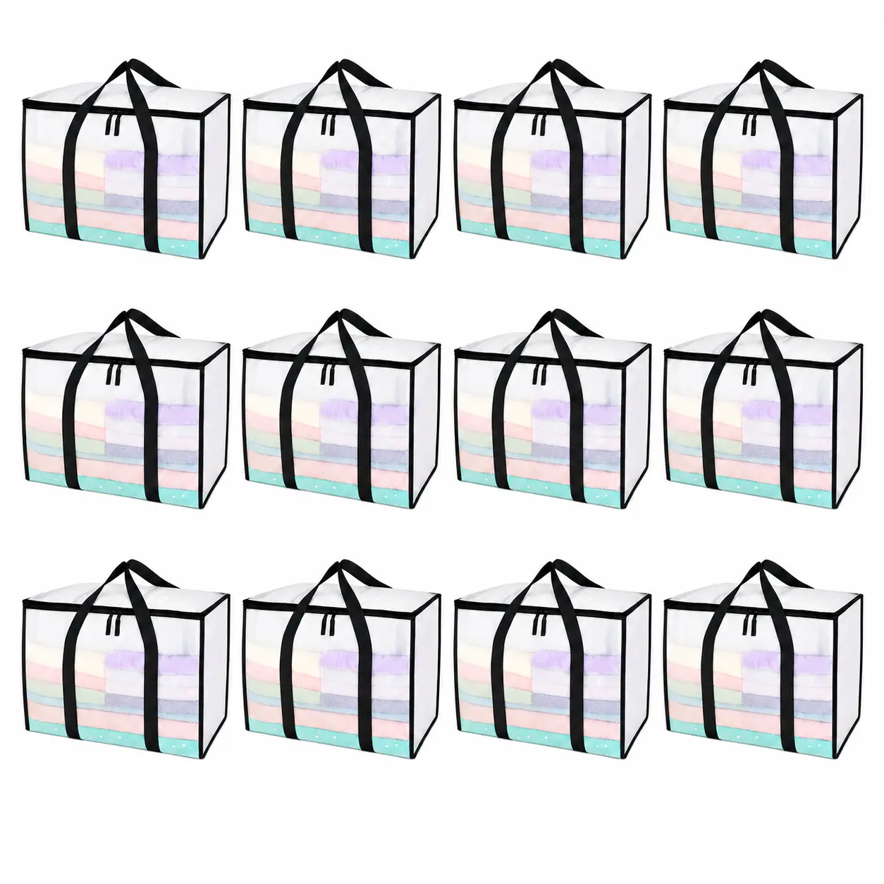 4-12Pack Heavy Duty Transparent Moving Bags, Water Resistant Storage Totes with Black Wrap-Around Handles & Double Zippers, Space Saving Clothes Organizer & Blanket Storage with Label Pocket, Alternative to Boxes, College Dorm Essentials & Moving Hacks