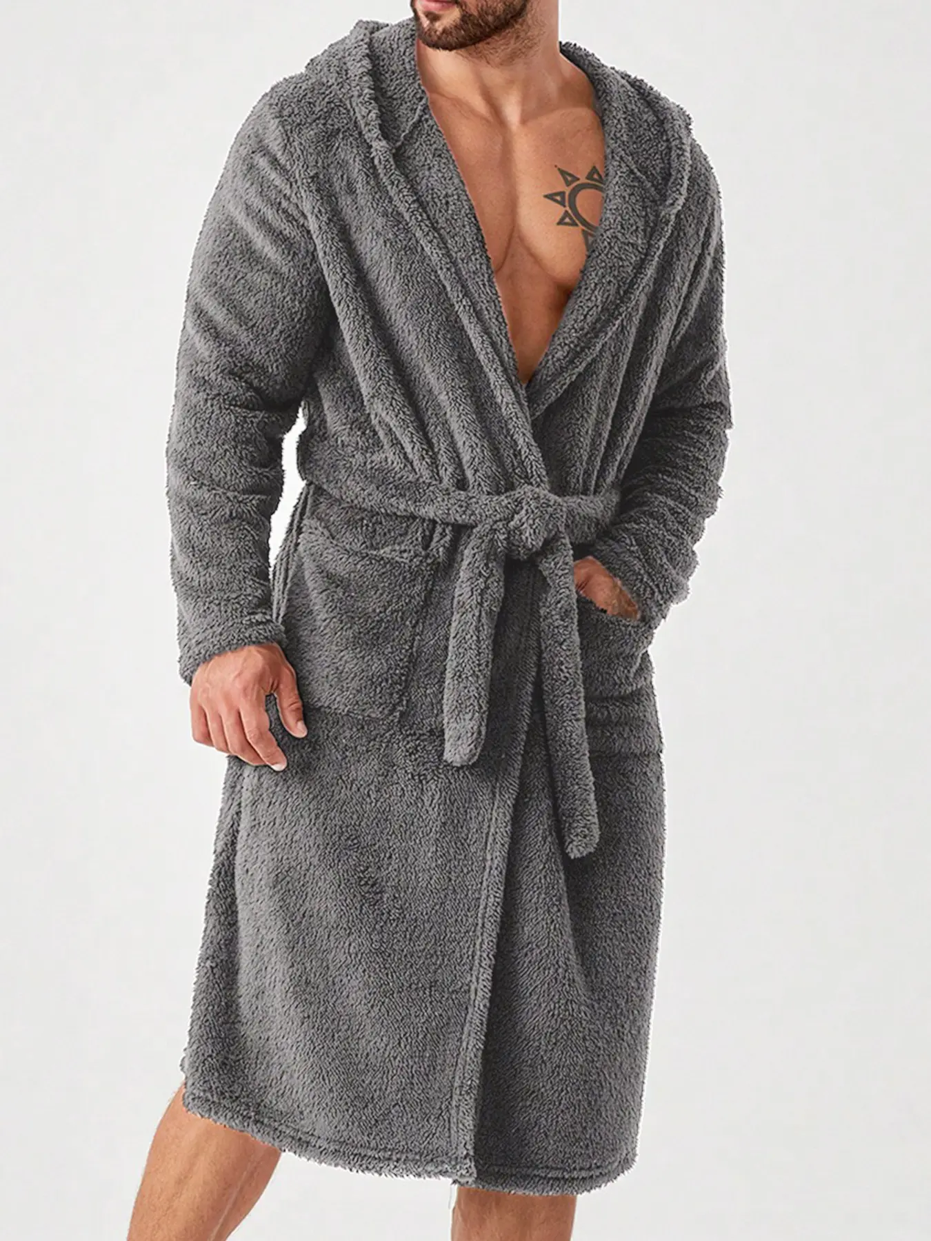 Men's Gray Plain Coral Fleece Hooded Fuzzy Bathrobe, Home Bathrobes, Warm, Soft, Skin-Friendly, Home Leisure Style Loungewear, Warmth After Bathing, and Bedroom Relaxation