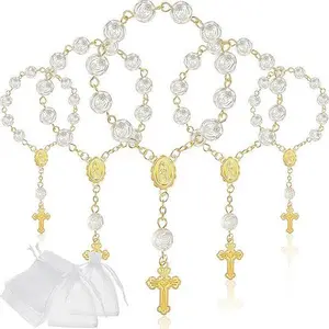 30 Pcs Bulk Mini Finger Rosary Beads with Organza Bags - Christening, Baptism Party Favors for Religious Event Celebrations