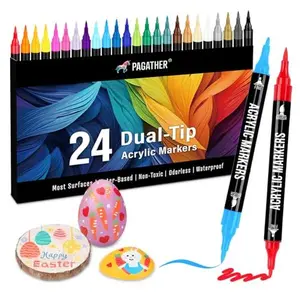 24 Colors Acrylic Paint Markers, Dual Tip with Fine Tip and Brush Tip Pens for Stone, Wood, Calligraphy, Canvas, Ceramic, Metal, Glass, Rock Painting, DIY Crafts