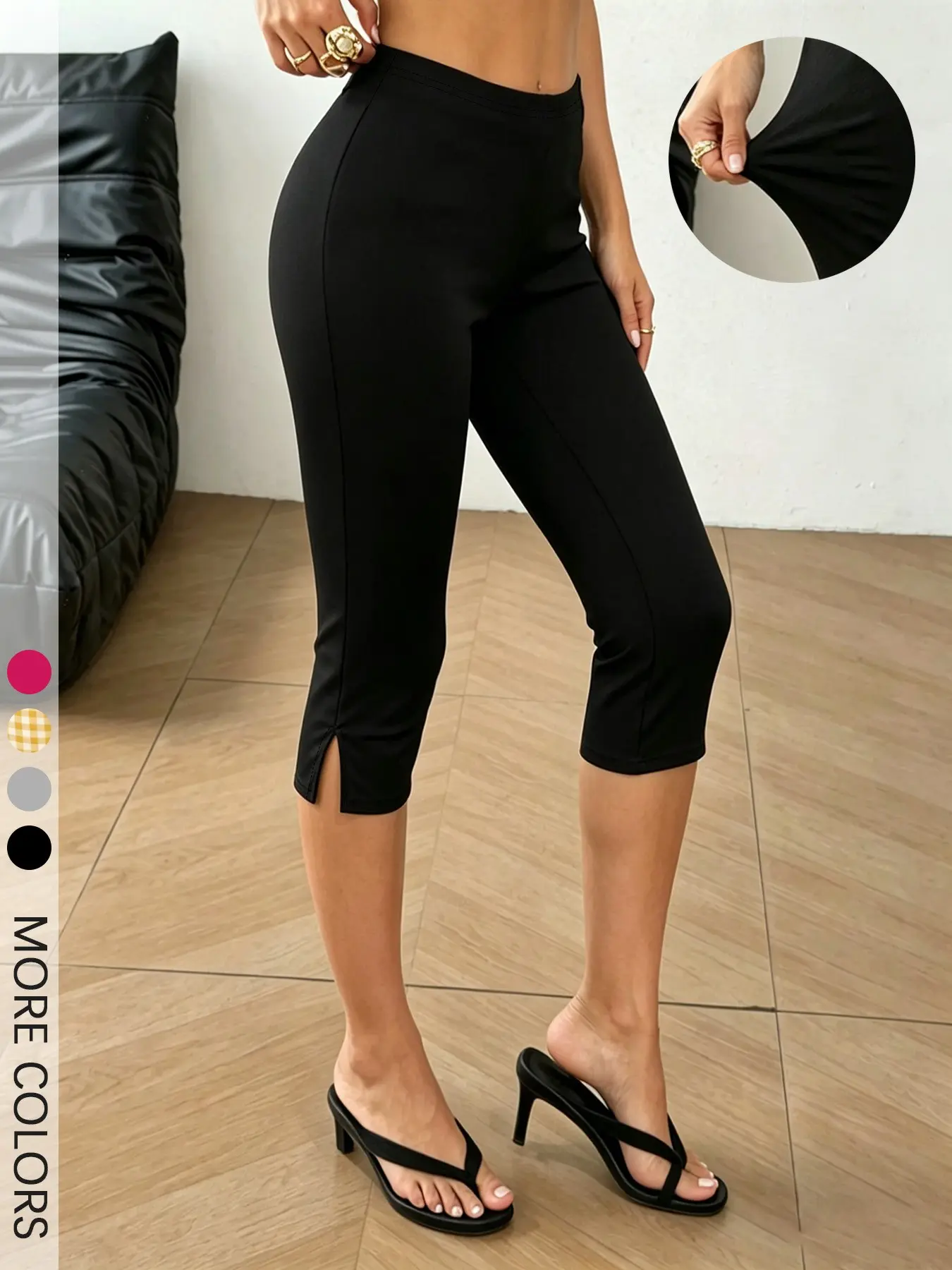 Women's Black Split Hem Capri Pants, Basic High Waist Stretchy Slim Fit Bottom, for Casual Daily Wear, Casual Lounge Pant