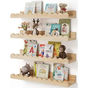 Children's bookshelf, 4-piece wooden wall-mounted bookshelf, wave-shaped bookshelf, suitable for bedroom, nursery, baby room, children's room decoration (wooden, 16.5inch )