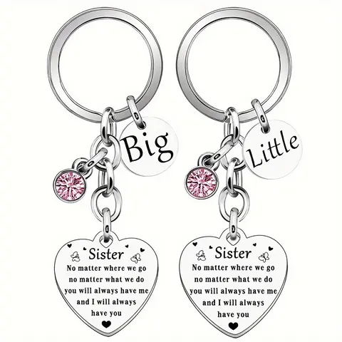 Stainless Steel Graphic Split Heart Keychain Duo, 2-Piece Left-Right Inspirational Quotes Cute Fashion Accessory, Friendship Bond Gift for Sisters