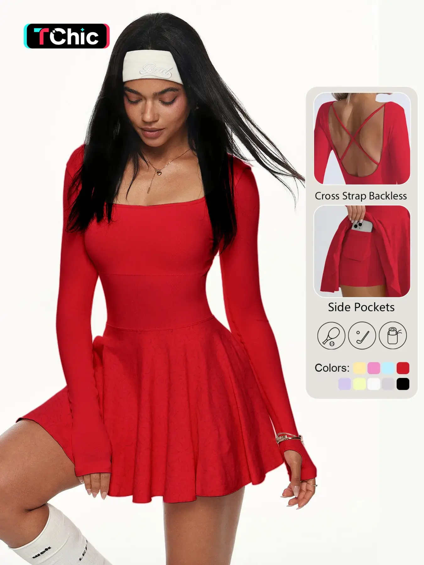 Women's Solid Criss Cross Backless 2 in 1 Sports Dress, Long Sleeve Square Neck Tennis Dress, Ladies Sportswear for Indoor Outdoor Wear