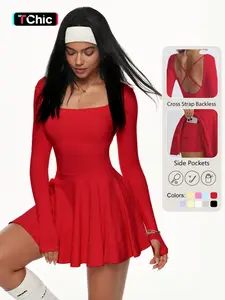 Women's Solid Criss Cross Backless 2 in 1 Sports Dress, Long Sleeve Square Neck Tennis Dress, Ladies Sportswear for Indoor Outdoor Wear