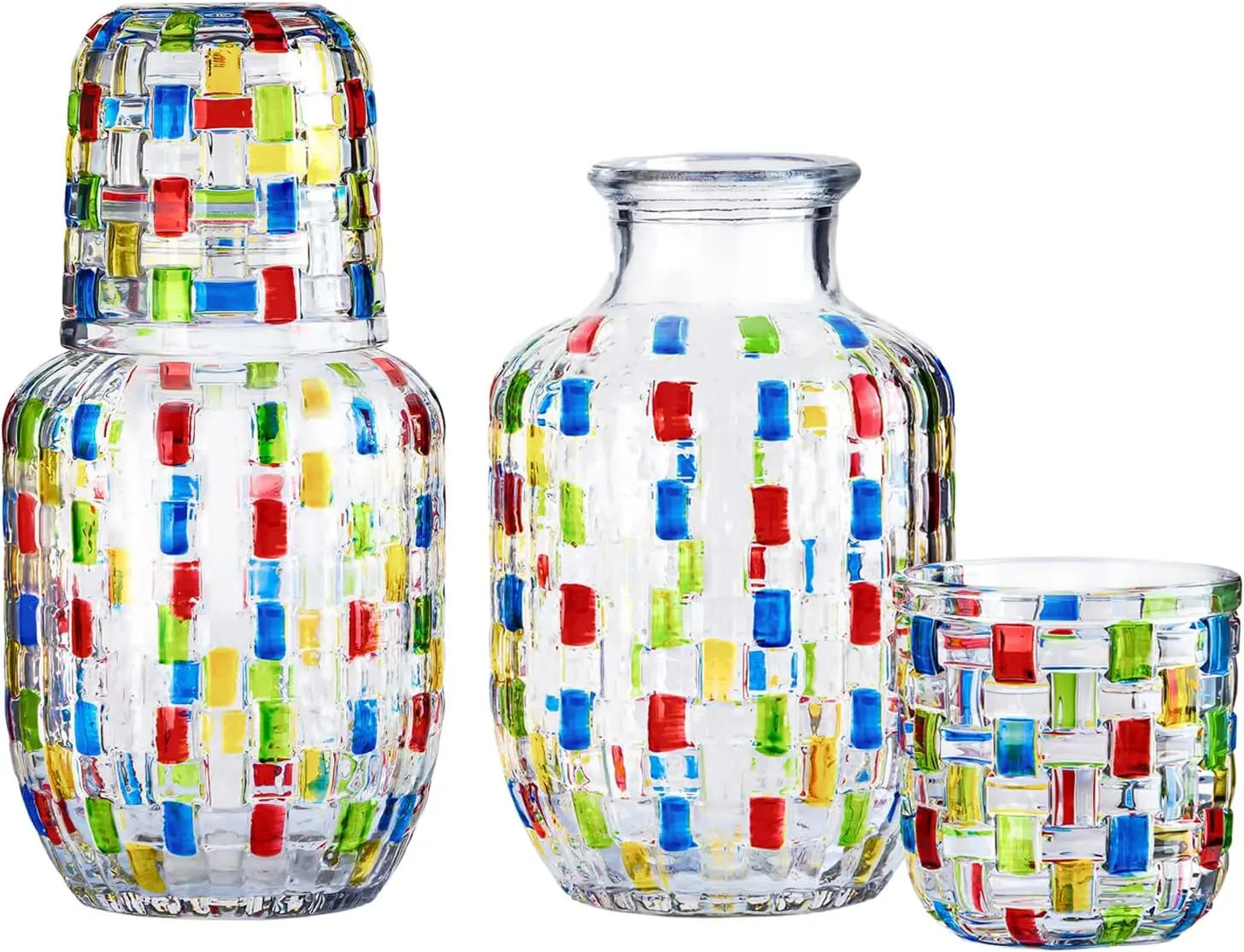 Bedside Carafe and Glass Pitcher Set of 4, Gifts for Women, Hand-Painted 16oz Glass Pitcher with Cup Lid -Christmas Gifts, Wedding & Bridal Shower Gift, Birthday Gift