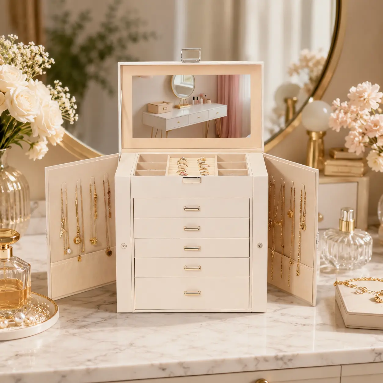 BOOVO Jewelry Organizer Box Jewelry Box For women, 6 Layer Large Jewelry Organizer With Mirror, Multi-Function Storage Box With Lock, Accessory Holder With 5 Drawers, For Earrings Necklace Ring Bracelet(White)
