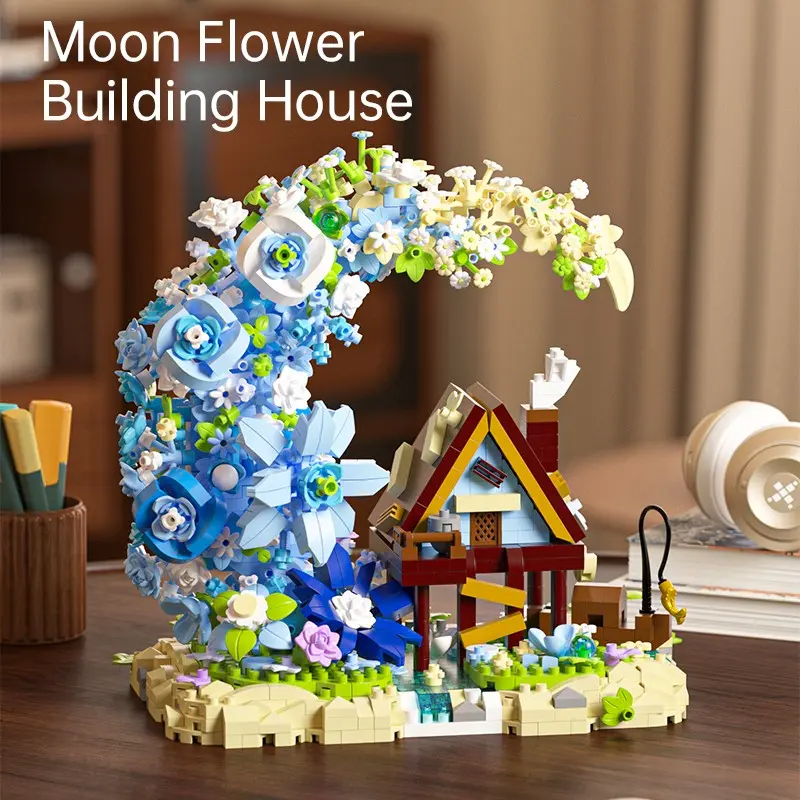 1343pcs Moonflower Small Wooden House Building Blocks Toy, Assembly Bricks, Dreamy House Assembly Model, Romantic Gift for Girls, Creative DIY Craft Kit