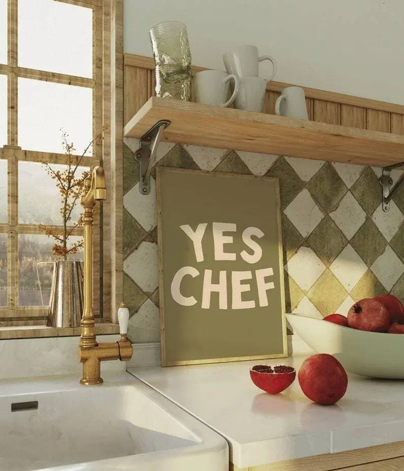 Yes Chef Art Print, Retro Olive Green Typography Kitchen Print Kitchen Decor Kitchen Wall Art Kitchen Poster