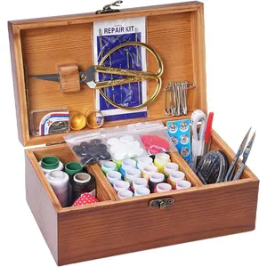 Wooden Sewing Kit Box, Wooden Sewing Box with Sew Kit Accessories, Sewing Repair Kit Sewing Basket, Basic Sewing Kit for Adults, Beginner Universal Home Sewing Repair Tool Kit - Vintage Sewing Set