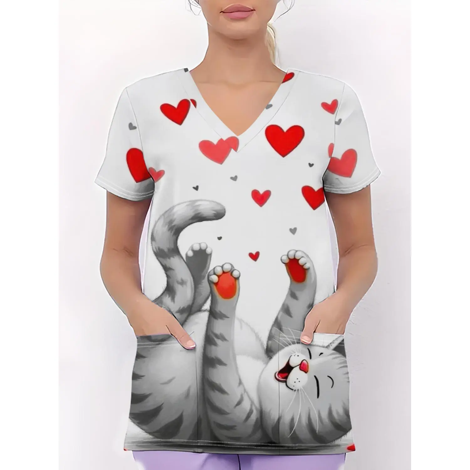 Women’s Plus Size V-Neck Short-Sleeve Nursing Uniform with Pockets, Stylish Cartoon Design, Breathable Casual Fabric for All-Season Comfort